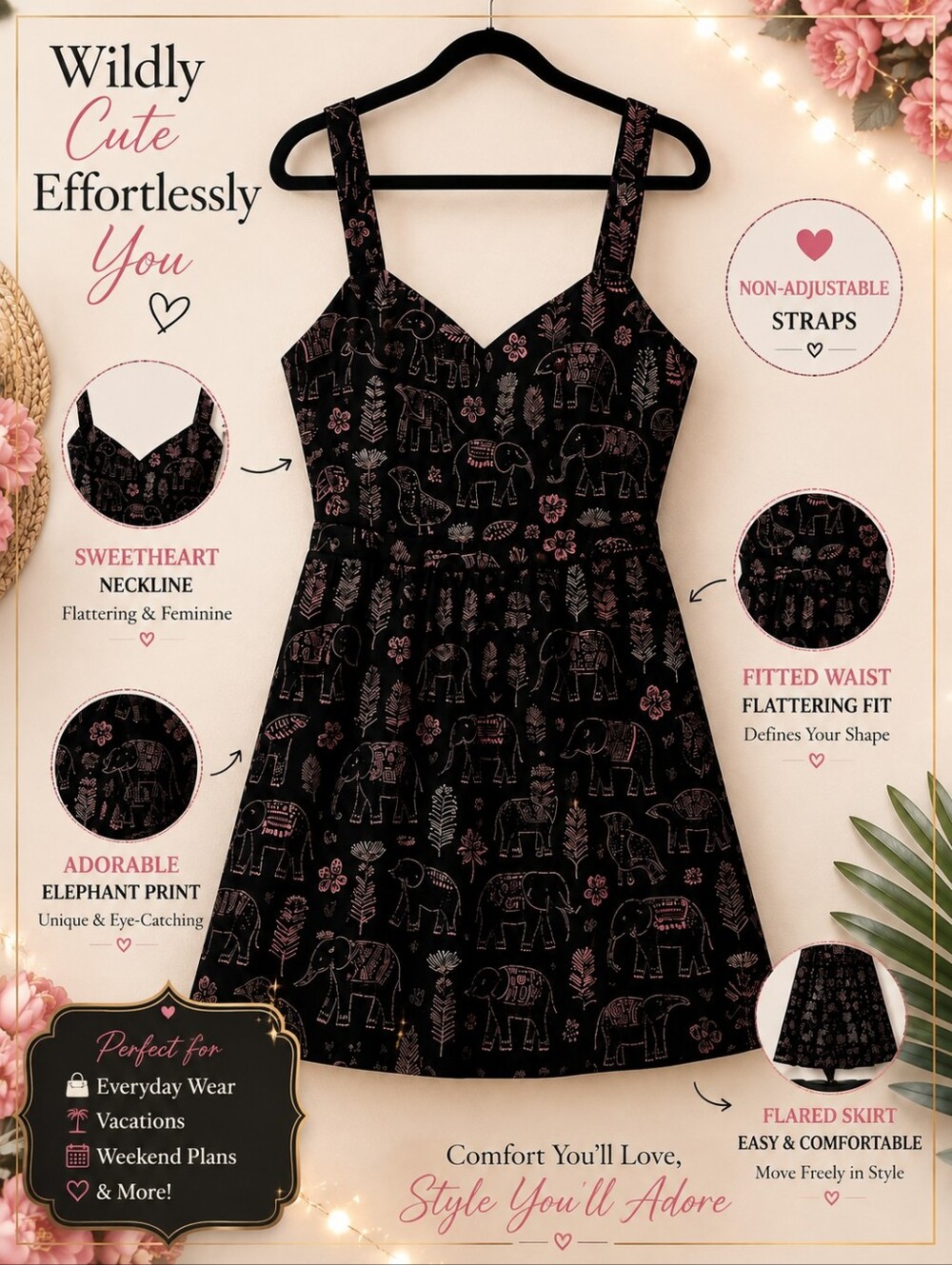Elephant Print Black And Pink Midi Dress Size 1X